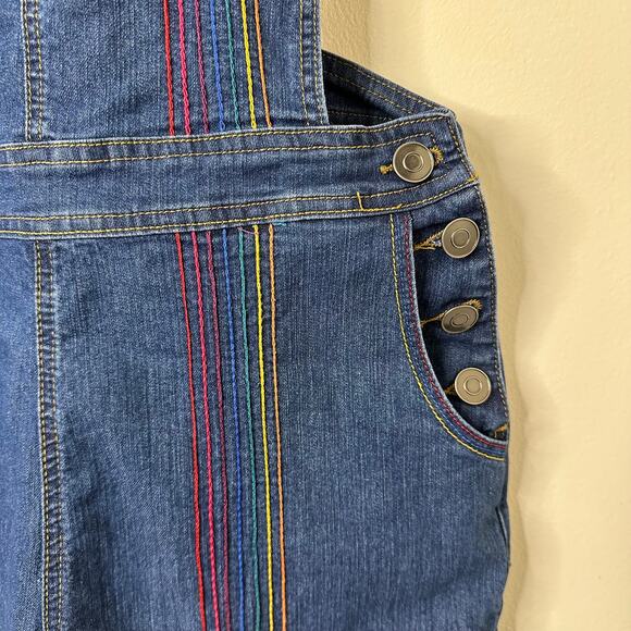 Sz 8 NWOT ModCloth Rainbow Denim Overalls Wide-Leg Embroidered Bib Retro Kidcore - Picture 3 of 10